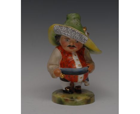 A Royal Crown Derby Mansion House dwarf, standing, wearing a broad brimmed hat, orange fancy shirt, grey sash, shaped circula