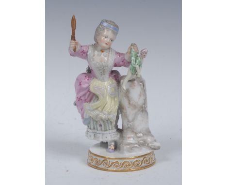 A late 19th century Meissen figure, of a girl at play, she stands in 18th century dress spanking her doll, circular bases app