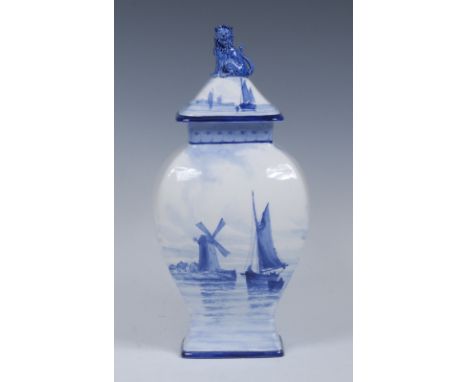 A Royal Crown Derby panelled vase and cover, decorated in the manner of William E J Dean, with sailing ship and windmill, in 