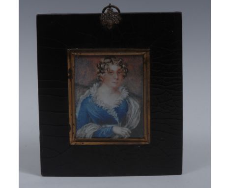 English School (early 19th century), a portrait miniature, of a lady, bust-length, curled hair, white feather trimmed blue dr