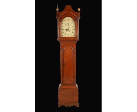 A George III oak longcase clock, 29cm arched painted dial inscribed with Roman and Arabic numerals, subsidiary seconds dial, 