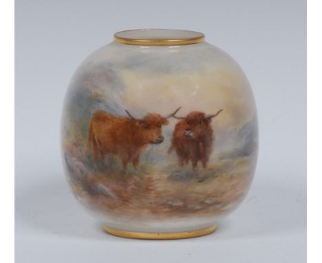 A Royal Worcester globular vases, painted by Jas Stinton, signed with highland cattle, gilt line rim, 8cm high, printed crown
