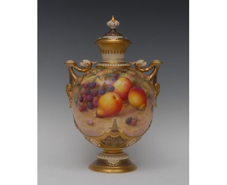 A Royal Worcester pedestal ovoid vase and cover, painted by Harry Ayrton, signed, with ripe pears and blackberries on a mossy