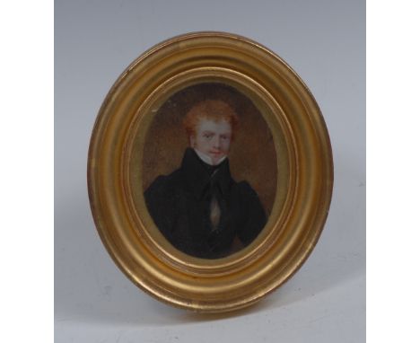 English School (early 19th century), a portrait miniature, of a gentleman, bust-length, ginger hair, mutton chops and moustac