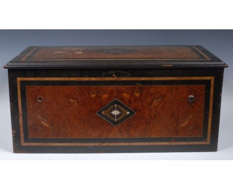 A large 19th century Swiss walnut, ebonised and marquetry  musical box,  41.5cm cylinder playing on a two piece comb, bells a