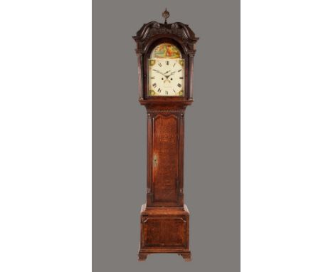 A George III mahogany crossbanded oak longcase clock, 33.5cm arched painted dial inscribed J Lovatt, Newcastle, Roman numeral