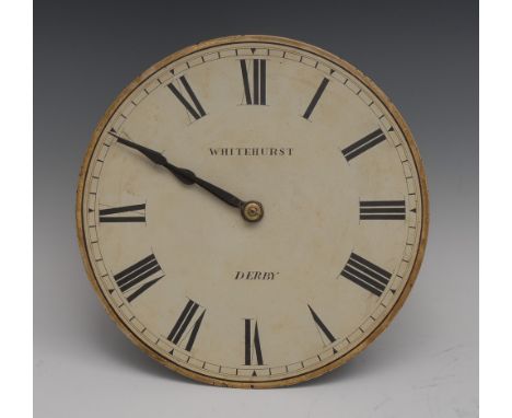 A mid 19th century Hook and spike wall clock, two train white painted  25.5cm dial, inscribed  Whitehurst, Derby, eight day m