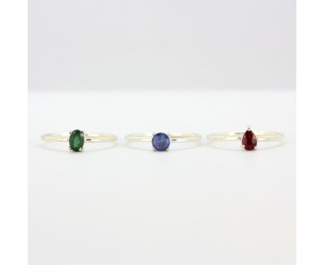 Three 925 silver stacking rings set with emerald, ruby and sapphire, (N.5).