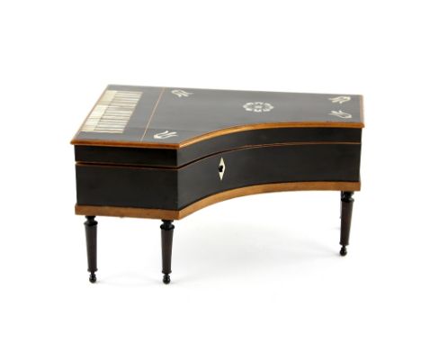 19th century French Palais Royal musical sewing box, in the form of a grand piano,  the lid opening to reveal fitted interior