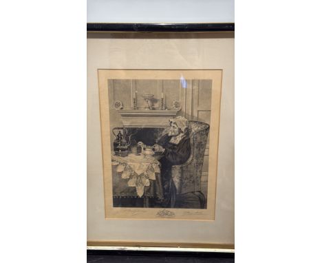 Framed mezzotint engraving, domestic teatime scene