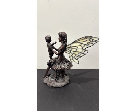 Resin fairy and child figure with stained-glass wings