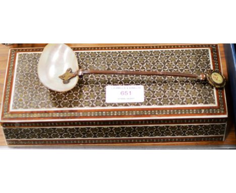 19TH CENTURY PERSIAN OR KASHMIRI BOX WITH MOTHER OF PEARL LADLE  