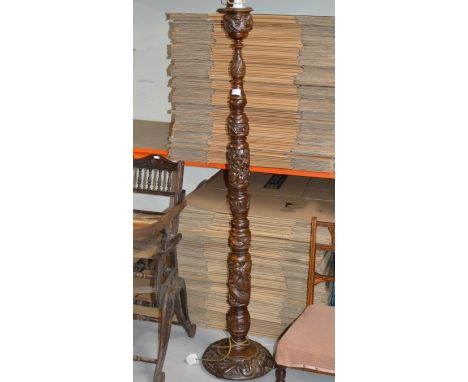 66" OLD ORIENTAL CARVED MAHOGANY STANDARD LAMP DECORATED WITH DRAGONS  