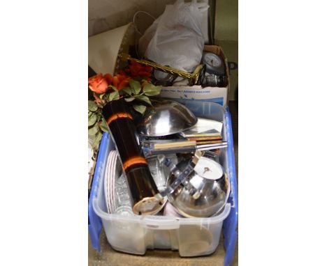2 BOXES WITH VARIOUS TEA &amp; DINNER WARE, SCALES, VASE, BRASS CANDLESTICKS ETC  