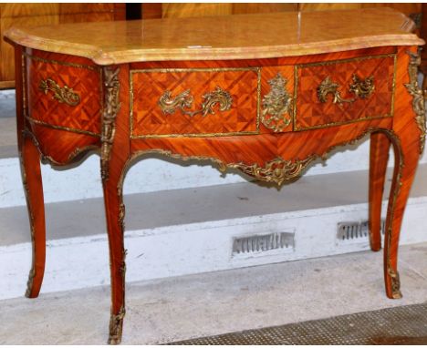 FRENCH STYLE CHEQUERED INLAID GILT MOUNTED MARBLE TOPPED BOW SHAPED CONSOLE TABLE