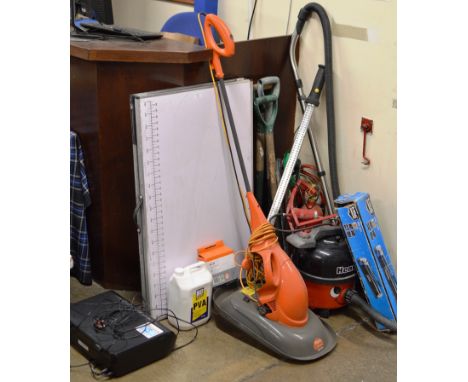 QUANTITY OF ITEMS INCLUDING LAWNMOWER, TOOLS, HENRY HOOVER, PRINTER, LED LIGHT, FOOT PUMP, TILE CUTTER ETC  