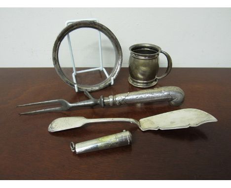 Mixed silver including coaster, miniature tankard, cheroot holder, fish knife and silver handled carving fork 