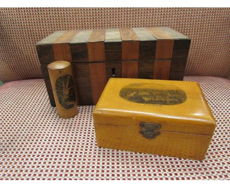 A 19th Century tea caddy with banded walnut inlay and two Mauchline ware items, "Oxford" and "Stockghyll, Ambleside"   