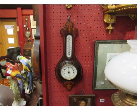 A Victorian mahogany wall barometer / thermometer, satinwood inlaid