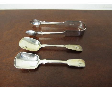 A pair of silver sugar tongs and two Georgian caddy spoons, 103g 