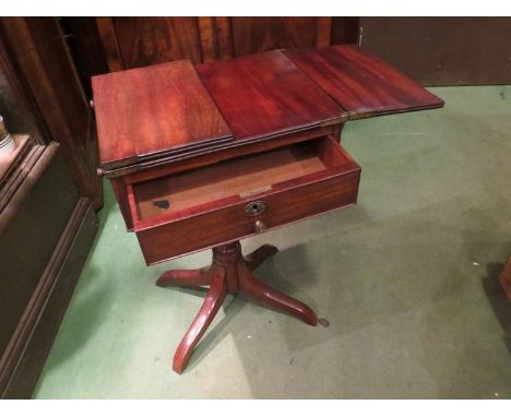 A George III mahogany fold top tea table with single drawer, raised on tripod stem, hinge broken and pin missing with later l