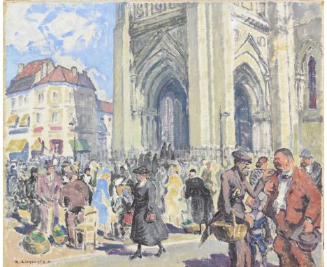 R Limousis (French School 20th Century) Market Day in front of Cathedral, signed lower left, oil on canvas, measurements 46 x