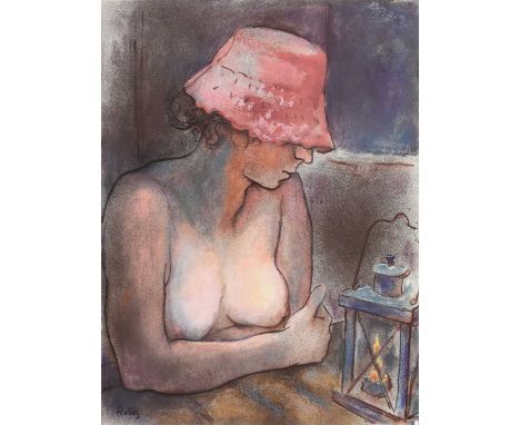 Zsuzsi Roboz (Hungarian 1929-2012), Vigil, Nude portrait of a woman wearing a pink hat, signed lower left, mixed media on pap