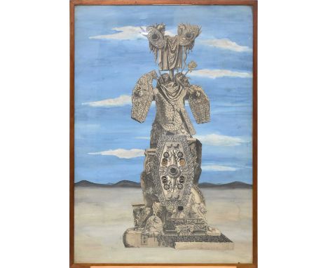 British School (20th Century) Collage with Roman Classical Elements in a Landscape, mixed media, measurements 103 x 69 cm, fr