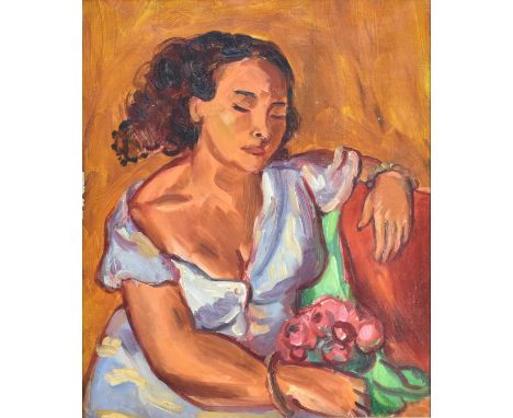 Sir Matthew Smith (British,1879-1959), 'Seated Girl', portrait of a young woman holding a bunch of flowers, Crane Kalman Gall