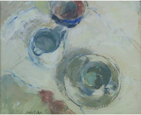 Averil Gilkes PS (British b.1945) Still Life with Jug and Cups, signed lower left, pen, acrylic and pastel, mixed media, meas