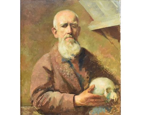 British School (20th Century) Portrait of a Bearded Man holding a Skull, oil on board, measurements 71 x 61 cm, frame 85 x 77