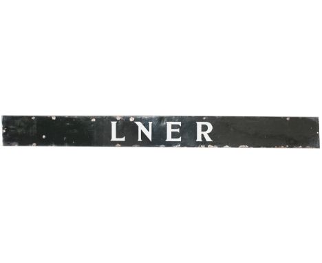 LNER enamel quad royal poster board heading, white on black enamel, measuring 51in x 5in. In good condition with minor edge c