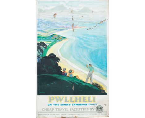 Poster LMS PWLLHELI ON THE SUNNY CAMBRIAN COAST by Alfred Bestall. Double Royal 25in x 40in. Printed by Greycaine Ltd. Some i