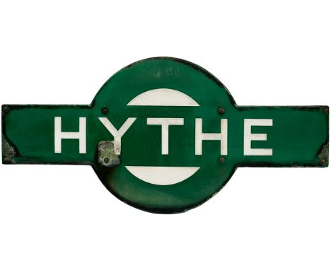 Southern Railway enamel Target sign HYTHE. This is the 8 hole fixing type and is from the Hampshire station on the former Tot