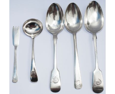 GWR and LNWR cutlery selection consisting of; GWR butter fork marked with GWR HOTELS roundel, 2x GWR serving spoons both mark