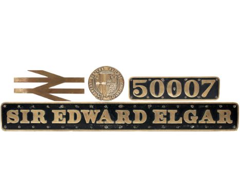 Nameplate set ex BR class 50 SIR EDWARD ELGAR complete with solid brass nameplate, brass cabside numberplate 50007, brass Gre