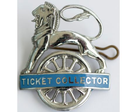 BR(Sc) chromed brass lion over wheel cap badge TICKET COLLECTOR, as issued to female staff. In excellent condition, a rare ba