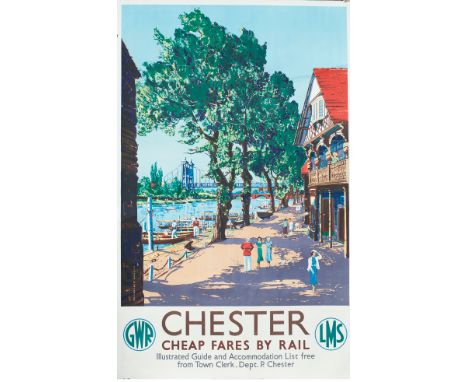 Poster GWR/LMS CHESTER CHEAP FARES BY RAIL by Claude Muncaster. Double Royal 25in x 40in issued in 1937 and printed by Staffo