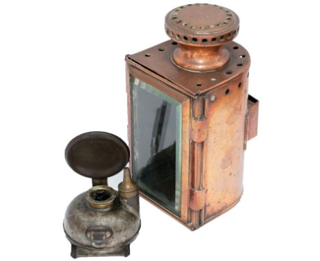 LNWR copper drivers gauge glass lamp complete with original slide in Rape oil reservoir and burner stamped in the top LNWR an