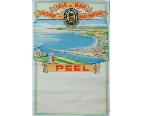 Poster ISLE OF MAN RAILWAY AND ROAD SERVICES PEEL, a view of Peel. Double crown 20in x 30in, printed by Richard Johnson & Son