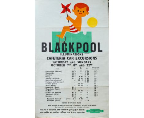Poster BR BLACKPOOL ILLUMINATIONS by Tom Eckersley. Double Royal 25in x 40in. Timetable below image from Chesterfield etc. Pu