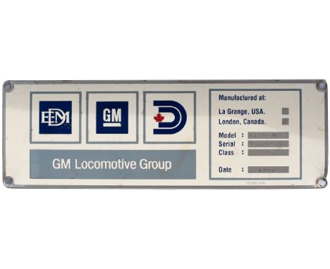Diesel worksplate GM LOCOMOTIVE GROUP MODEL JT42 CWR SERIAL 968702-37 DATE 10-198 ex class 66 66037. Measures 12in x 4in.