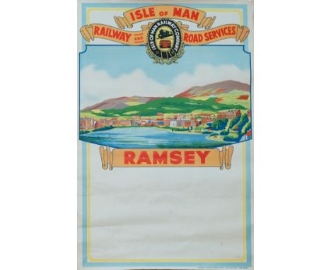 Poster ISLE OF MAN RAILWAY AND ROAD SERVICES RAMSEY, a view of Ramsey. Double crown 20in x 30in, printed by Richard Johnson &