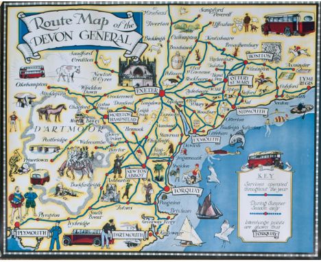 Poster ROUTE MAP Of THE DEVON GENERAL measuring 17in x 14in. Shows a map of Devon with caricatures of people and things assoc