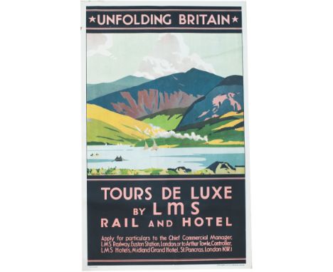 Poster LMS UNFOLDING BRITAIN TOURS DE LUXE BY LMS RAIL AND HOTEL by Norman Wilkinson. Double Royal 25in x 40in issued in the 