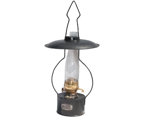 LNER small signal box oil lamp, steel plated LNER SLEAFORD. Complete with hanging hoop, shade, burner and glass chimney in ni