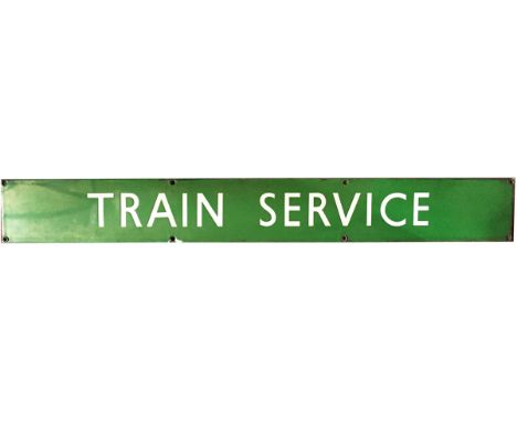 BR(S) enamel poster board heading light green TRAIN SERVICE. Measures 46in x 6in  and is in excellent condition with one smal