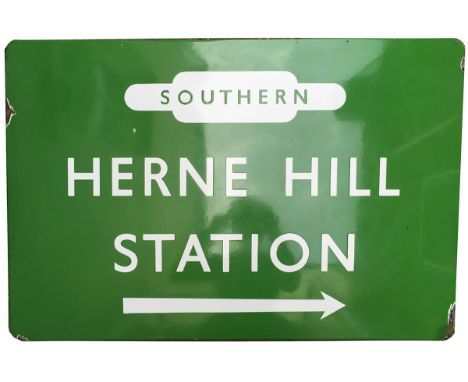 BR(S) enamel direction sign FF light green HERNE HILL STATION with right facing arrow and Southern totem at the top. Measures