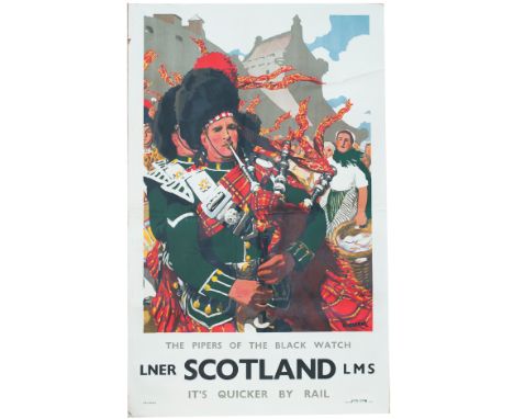 Poster LNER/LMS SCOTLAND THE PIPERS OF THE BLACK WATCH by Christopher Clark. Double Royal 25in x 40in published in 1935 and p