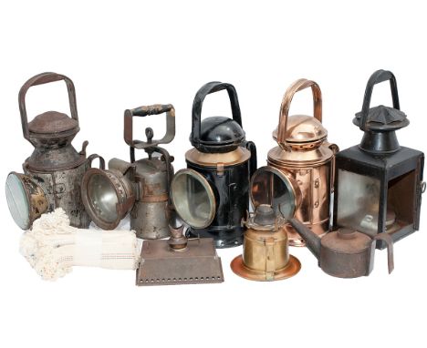 A job lot of lamps including; GWR brass collar, BR-W brass collar, BR-W carbide, BR(S) general purpose, Sherwood private owne